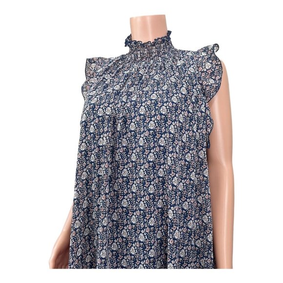 CODExMODE Women SZ M Navy Blue Floral A Line Knee Lenght Dress High Neck Chiffon - Picture 8 of 15